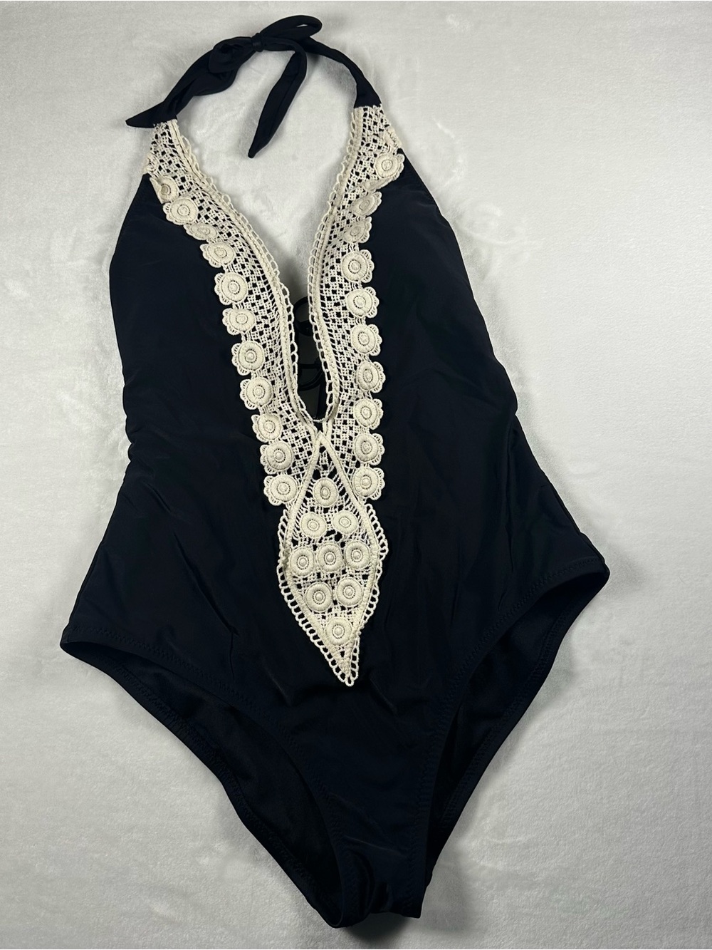 Boho Black One-Piece Swimsuit with Cream Crochet Detail